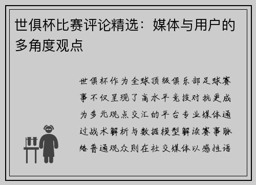 世俱杯比赛评论精选：媒体与用户的多角度观点